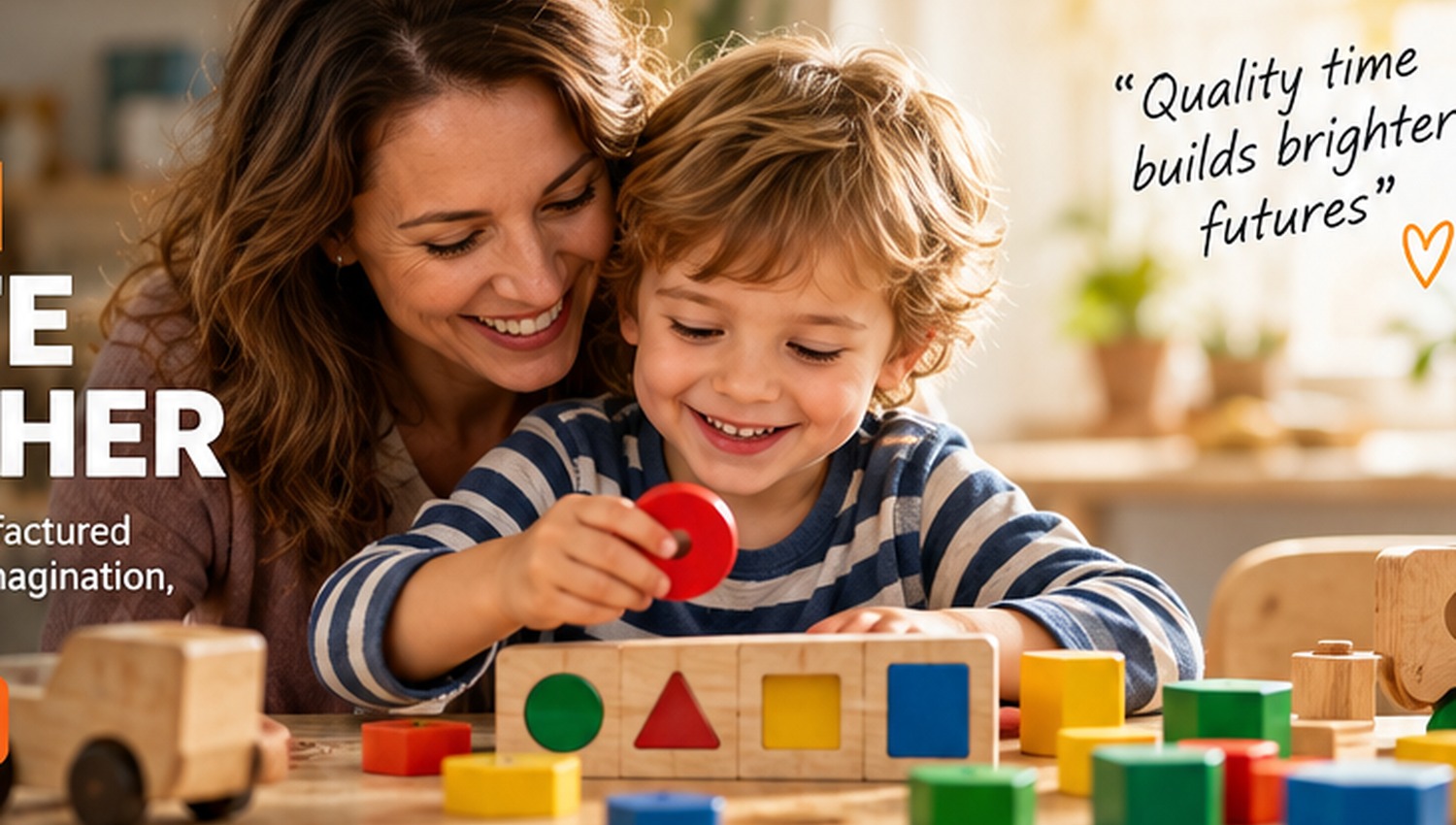 Mother and child playing with colourful wooden learning toys