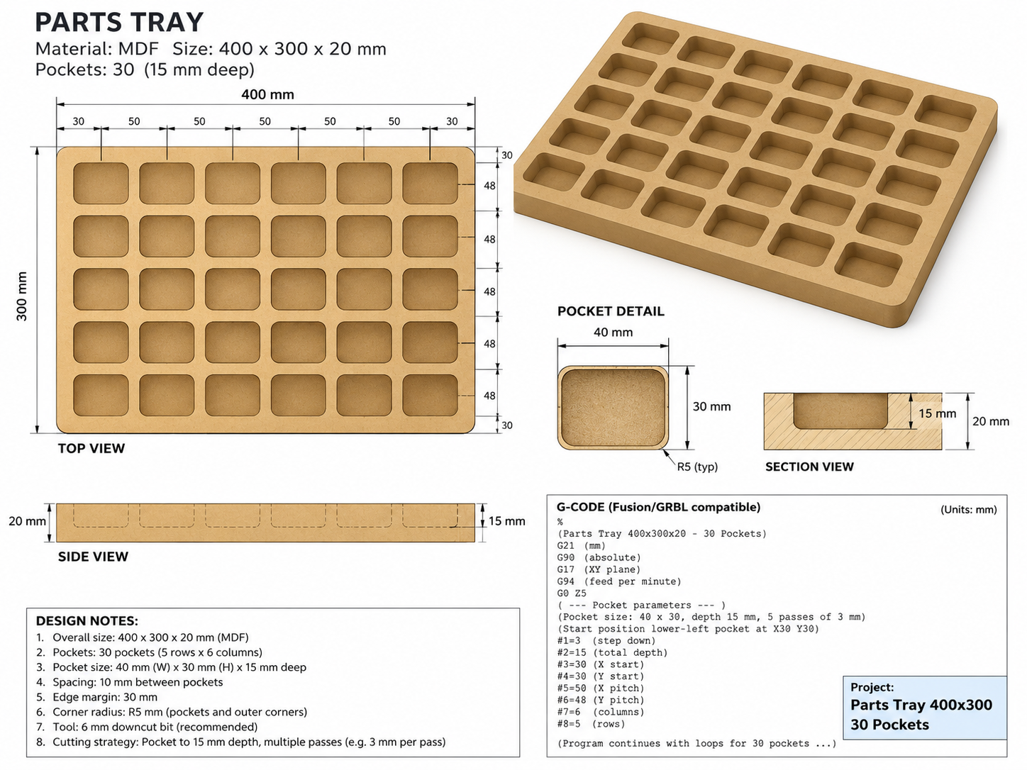 CNC machined MDF parts tray
