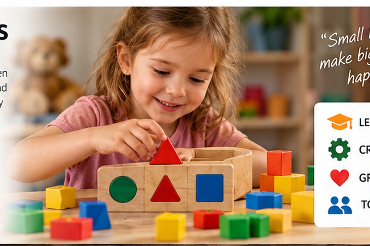 Child playing with a colourful wooden shape puzzle